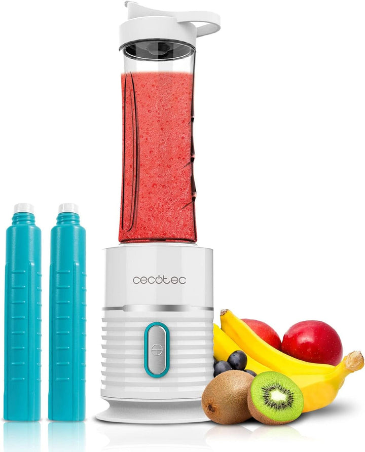Cecotec Tragbarer Einzelstandmixer Power Titanium 300 Easygo. 350W, Zerkleinert Eis, 4 Klingen Mit Schwarzer Titanbeschichtung, Inklusive 2 Kühlröhren, 2 Tragbaren Bechern Und 2 Deckeln Mama si Copilul Naty Shop Weiß 500 W | 2 Flaschen