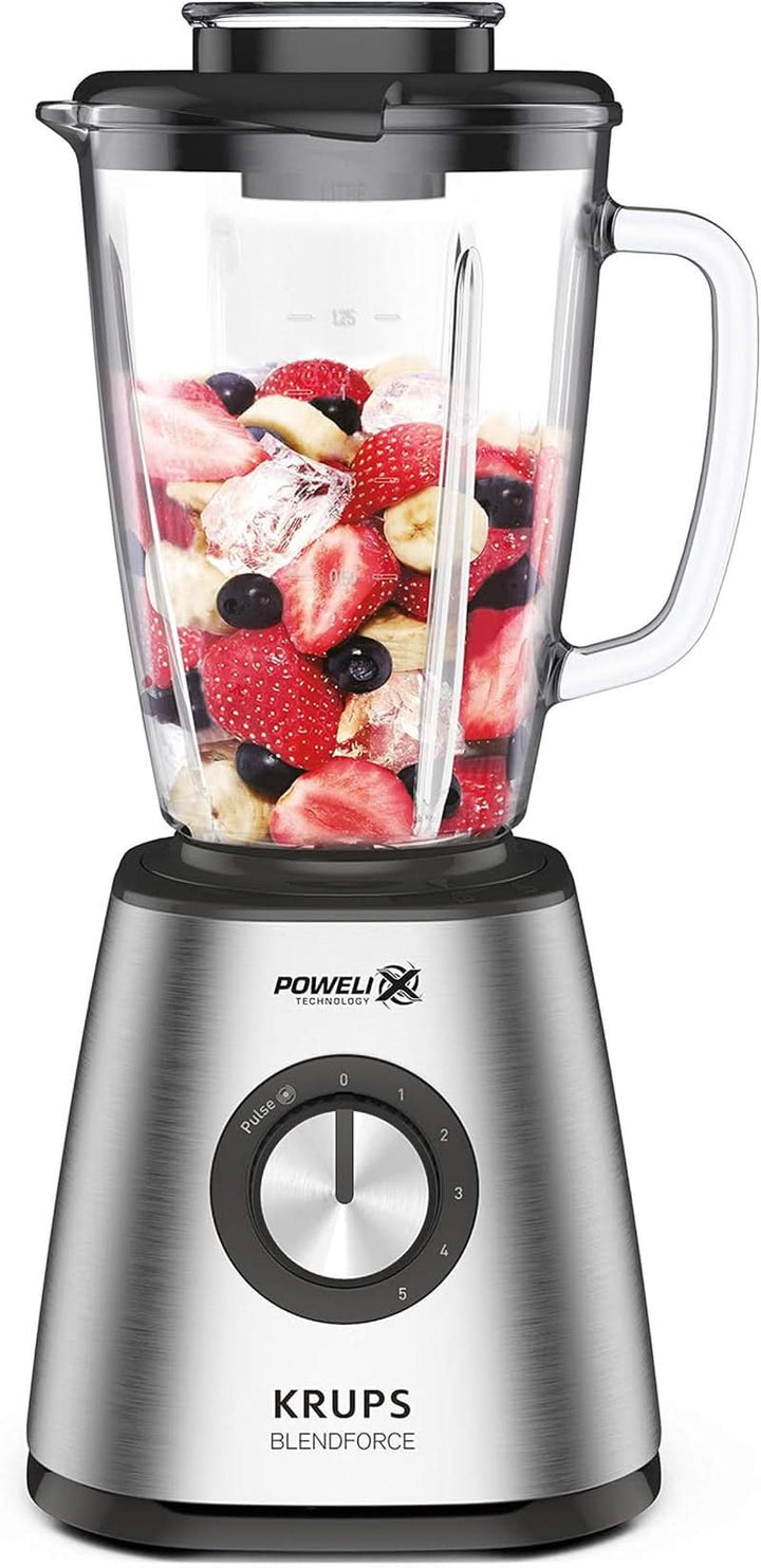 Krups KB439D Blendforce 2 Standmixer | 800 Watt | 5 Geschwindigkeiten | Pulsfunktion | 1,75 Liter Thermoglasbehälter (Nutzvolumen: 1,25 Liter) | Stoßfest | Eiszerkleinerer | Edelstahl Mama si Copilul Naty Shop