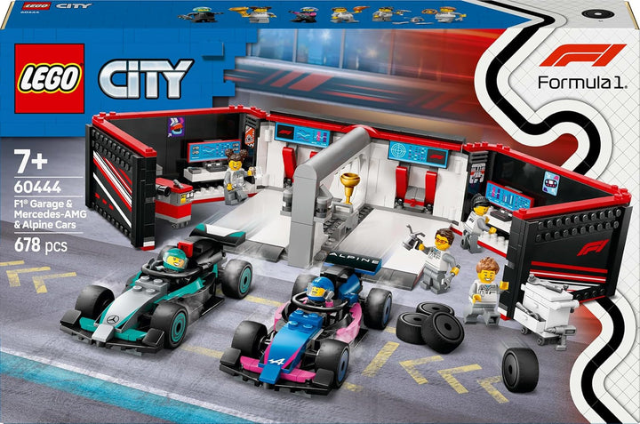 Garaj LEGO City F1 cu mașini de curse Mercedes-Amg și Alpine - Mașină de curse Formula 1 cu 2 piloți și 4 minifigurine mecanice - Cadou pentru băieți și fete 7+ și fani 60444 Seturi de constructie Besuche den LEGO-Store