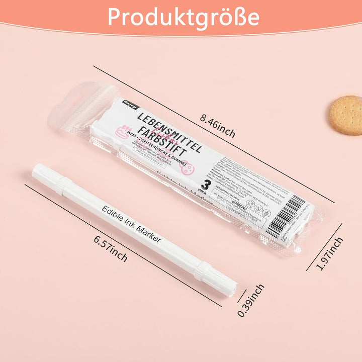 Set de 3 pixuri alimentare comestibile, albe, set de 3 cu vârf dublu, vegane, fără gluten, colorant alimentar fondant, albe pentru pictat și scris pe prăjituri etc.