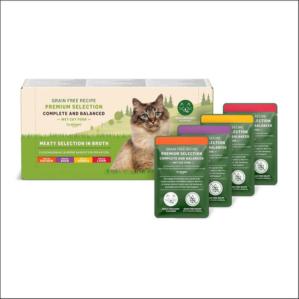 By Amazon Hrană pentru pisici, umedă, fără cereale, pentru pisici adulte Meat Choice în bulion, 4,76 Kg, 56 de pachete cu 85G (înainte de Lifelong)