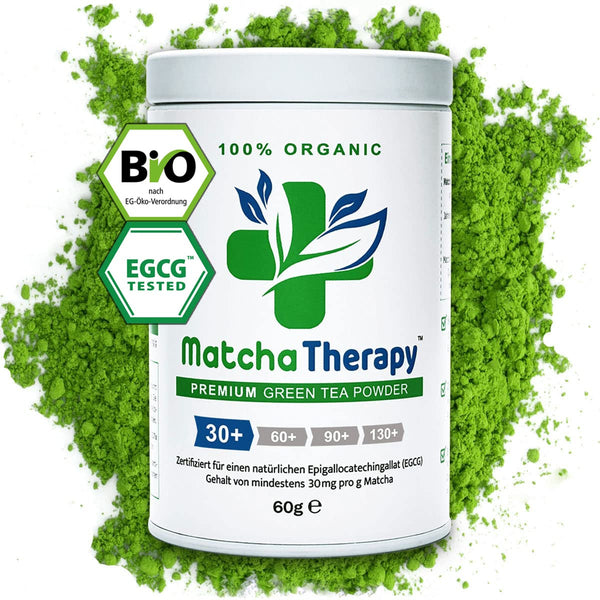 Matchatherapy 30+ | Ceai Matcha organic pudră | 60 g | Cu un conținut verificat de cel puțin 30 mg/g de catechină EGCG | Susține sistemul imunitar și nivelul de energie | Calitate ceremonială | Ceai verde din Japonia