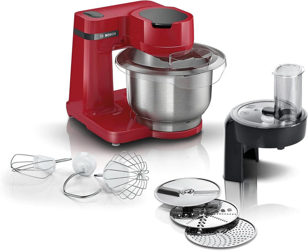 Bosch Küchenmaschine Serie 2 MUMS2ER01, Edelstahl-Schüssel 3,8 L, Planetenrührwerk, Knethaken, Schlag-, Rührbesen Edelstahl, Durchlaufschnitzler, 3 Scheiben, 700W, Rot Mama si Copilul Naty Shop