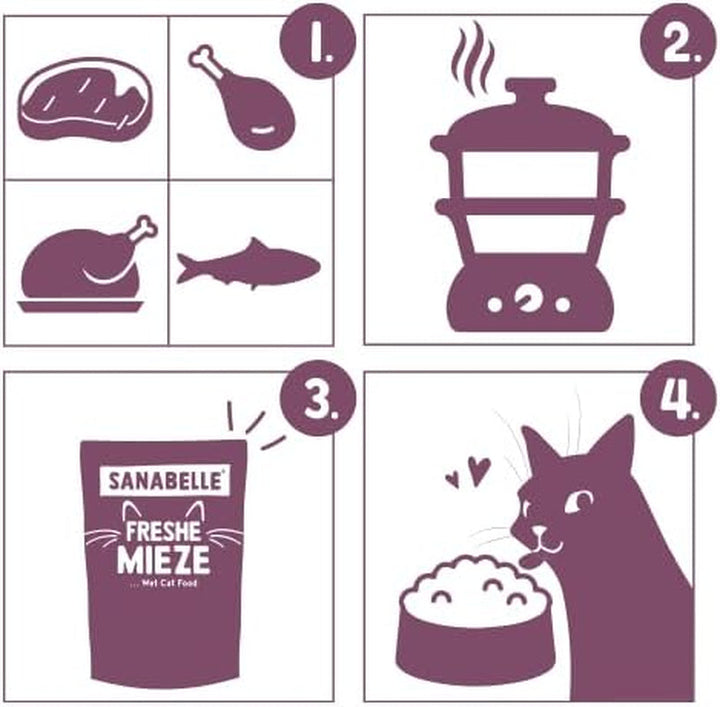 Sanabelle Freshe Mieze - Pui | Pungă de 100 g complet reciclabilă | Hrană umedă pentru pisici gătită la aburi | Hrană pentru pisici proaspăt gătită | O marcă Bosch Pet Food