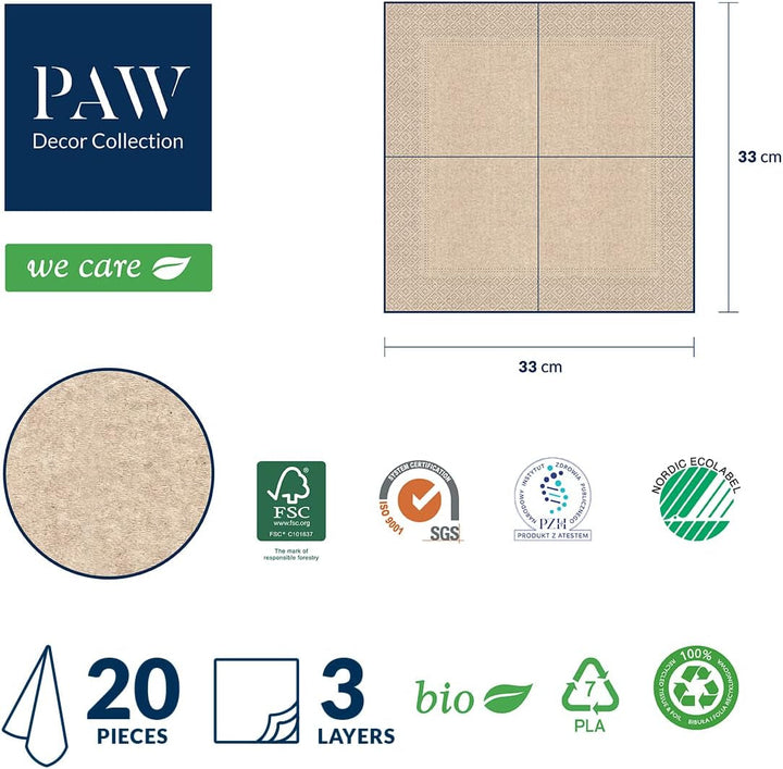 Paw Decor Collection X Paw Decor Collection CM Pappers torkservetter med 3 lager. 20 stycken. Tryckt med vattenbaserade färger. Borddekorationer. Nature, HIRSC, PAW_022022, rådjur, 33 x 33 cm (paket med 3)