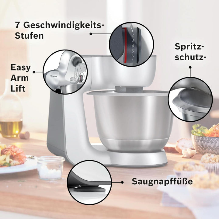 Bosch Küchenmaschine Serie 4 MUM56340, Schüssel 3,9 L, Mixer 1,25 L, Fleischwolf, Zitruspresse, Planetenrührwerk, Knethaken, Schlag-, Rührbesen, Durchlaufschnitzler, 3 Scheiben, 900 W, Silber/Grau Mama si Copilul Naty Shop