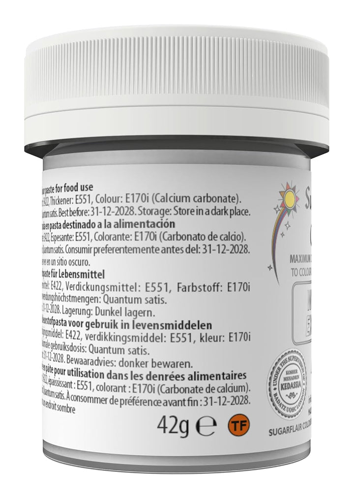 Colorant alimentar Sugarflair Max Concentrated White Extra, colorant alimentar foarte concentrat pentru marțipan și fondant, colorant pastă Max Concentrate - 42 g