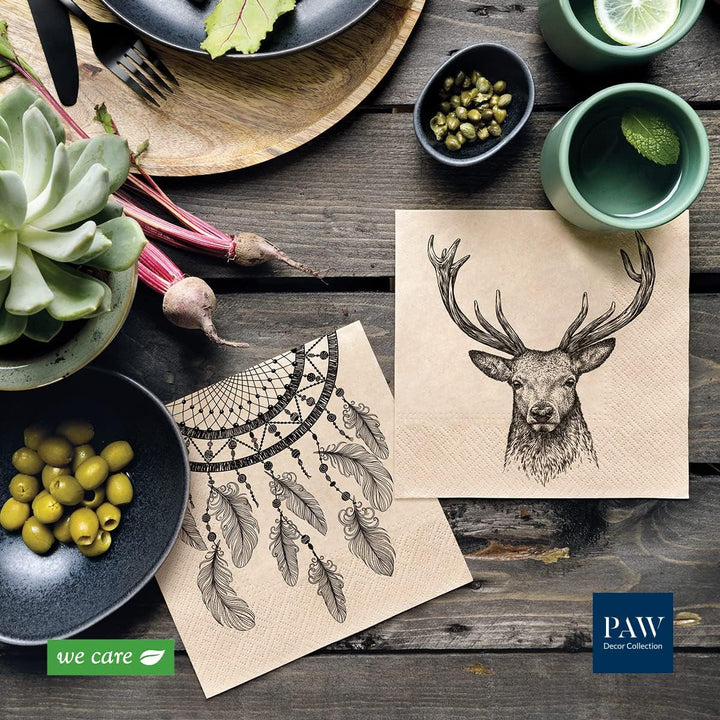 Paw Decor Collection X Paw Decor Collection CM Pappers torkservetter med 3 lager. 20 stycken. Tryckt med vattenbaserade färger. Borddekorationer. Nature, HIRSC, PAW_022022, rådjur, 33 x 33 cm (paket med 3)