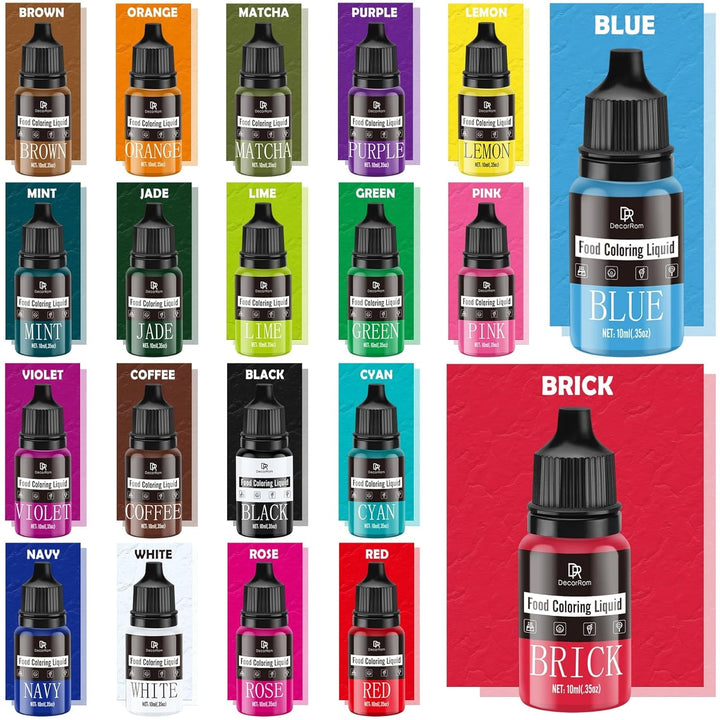 Colorant alimentar - 20 de culori x 10 ml coloranți alimentari concentrați lichizi pentru decorarea torturilor, copt, fursecuri, macaroane - Colorant alimentar fără zahăr pentru băuturi, decorarea torturilor, slime DIY, ouă de Paște