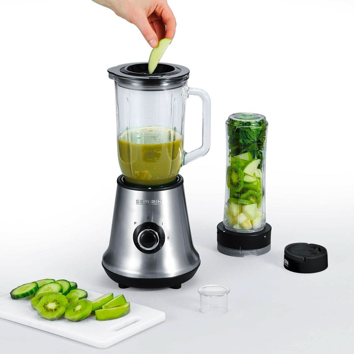 SEVERIN Multimixer, 2-In-1 Stand Mixer Und Smoothie Maker Mit 1 L Glas-Mixbehälter Und Trinkbecher, Küchenmixer Mit 2 Stufen Und Pulse-Funktion, 500 W, Edelstahl/Schwarz, SM 3737 Mama si Copilul Naty Shop