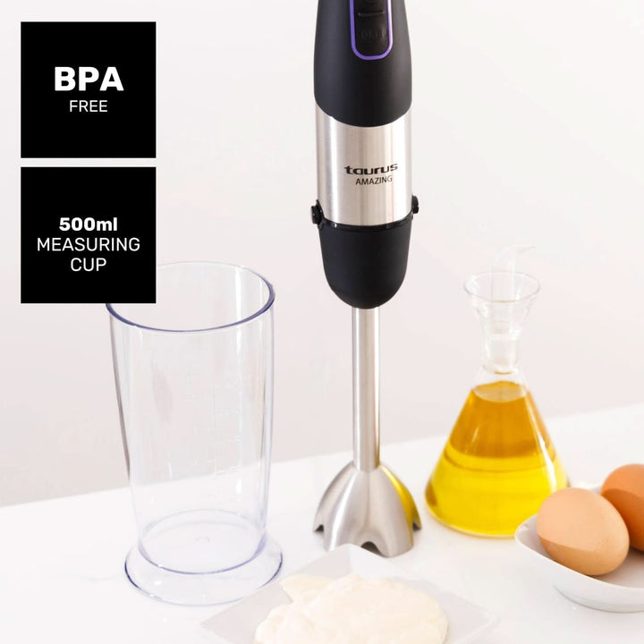 Taurus Stabmixer 1000W | 20 Geschwindigkeitsstufen | Turbo-Funktion | 4 Edelstahlklingen | Ergonomisches Soft-Touch-Design | Spritzschutz | Zubehör | Edelstahl | Elektrisch |Kunststoff, Silber/Schwarz Mama si Copilul Naty Shop