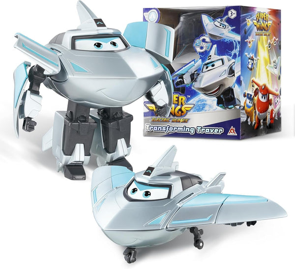 Super Wings Transformation Plane Supercharged Traver, Aprox. 12.7 Cm Figură mare de joacă pentru copii, avion de jucărie și figură de robot pentru băieți și fete de peste 3 ani, argintiu Action figures Naty Shop Traver