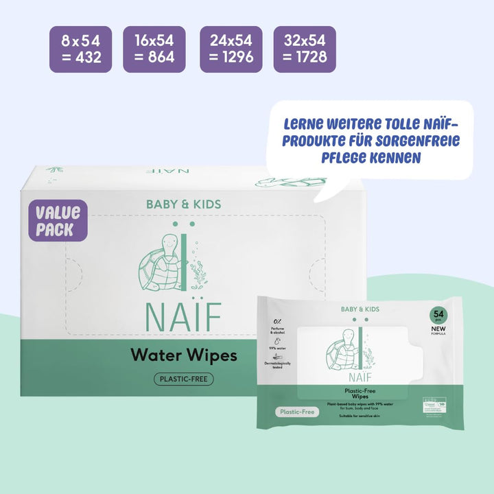 Naïf - Șervețele umede fără plastic - 1296 bucăți (24 bucăți X 54 șervețele umede) - Îngrijire pentru fundul, corpul și fața bebelușului - 99% apă - 0% parfum și alcool