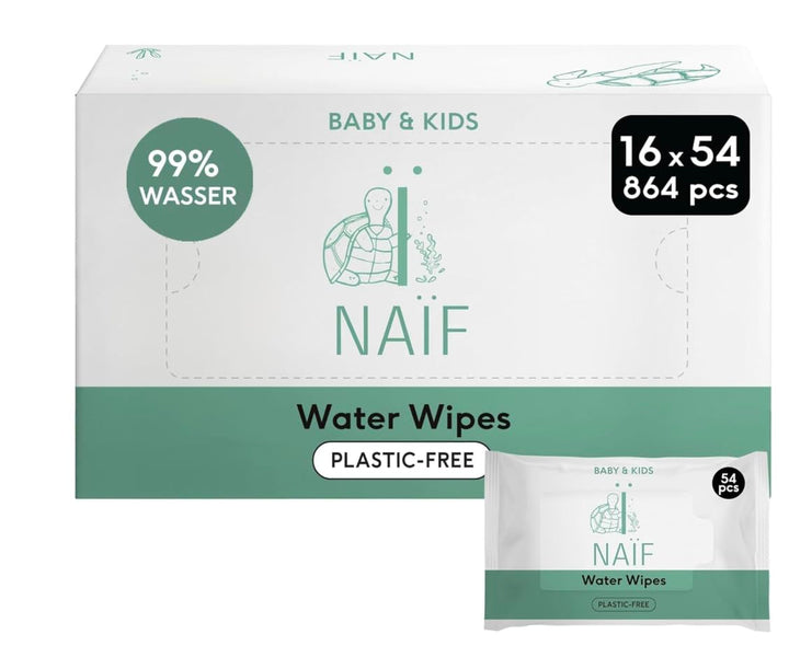 Naïf - Șervețele umede fără plastic - 1296 bucăți (24 bucăți X 54 șervețele umede) - Îngrijire pentru fundul, corpul și fața bebelușului - 99% apă - 0% parfum și alcool