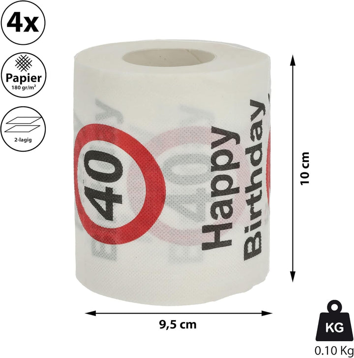 Set de 4 hârtii igienice "La mulți ani 40" │40th birthday 24 metri 2-țesături 180Gr/Qm │ Hârtie igienică motiv hârtie igienică (4 X hârtie igienică 40)