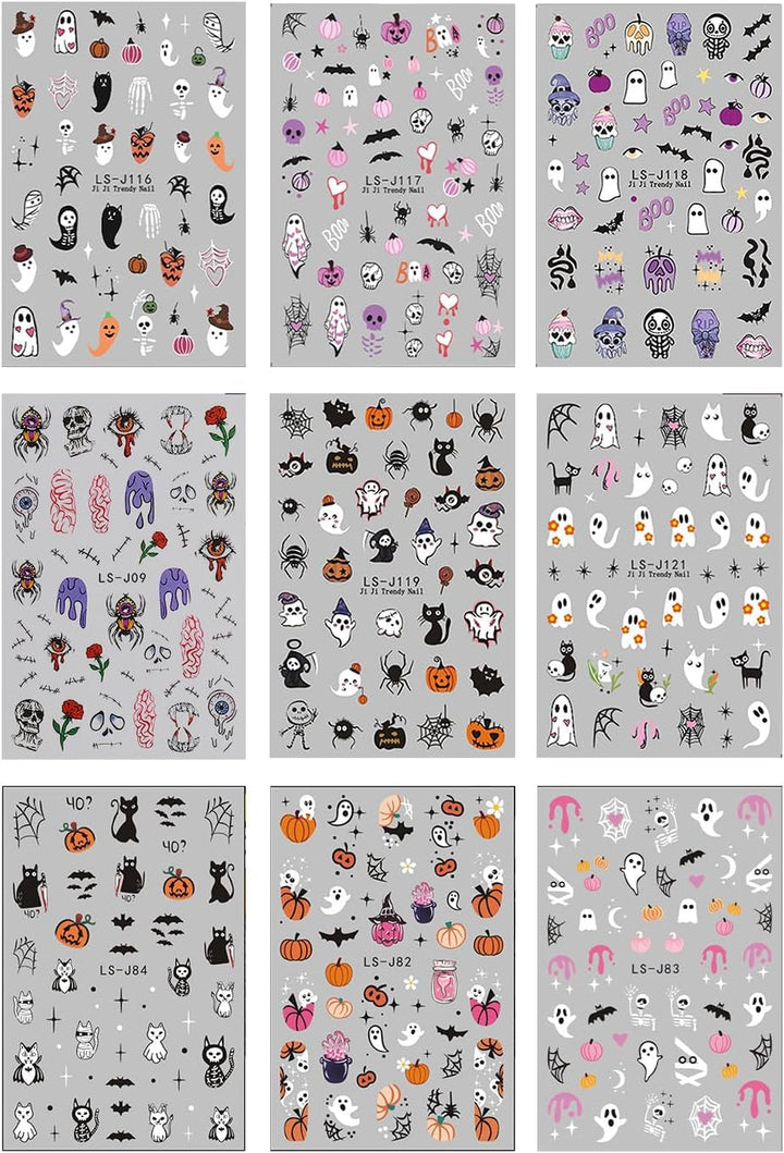 JMEOWIO Nagelsticker Halloween Süßer Geist 9 Blatt Nail Art Sticker Selbstklebend Nagelaufkleber Dekoration Nageldesign Zubehör