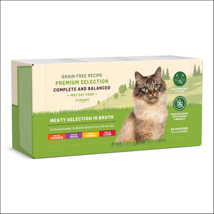 By Amazon Hrană pentru pisici, umedă, fără cereale, pentru pisici adulte Meat Choice în bulion, 4,76 Kg, 56 de pachete cu 85G (înainte de Lifelong)