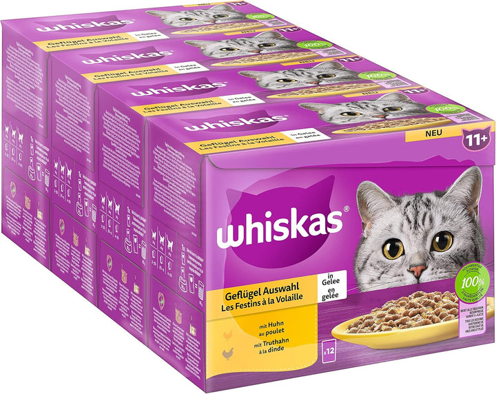Hrană umedă pentru pisici Whiskas Adult 1+ Poultry selection in jelly, 120 pliculețe, 120X85G (1 pachet vrac) - Hrană umedă de înaltă calitate, Pentru pisici adulte