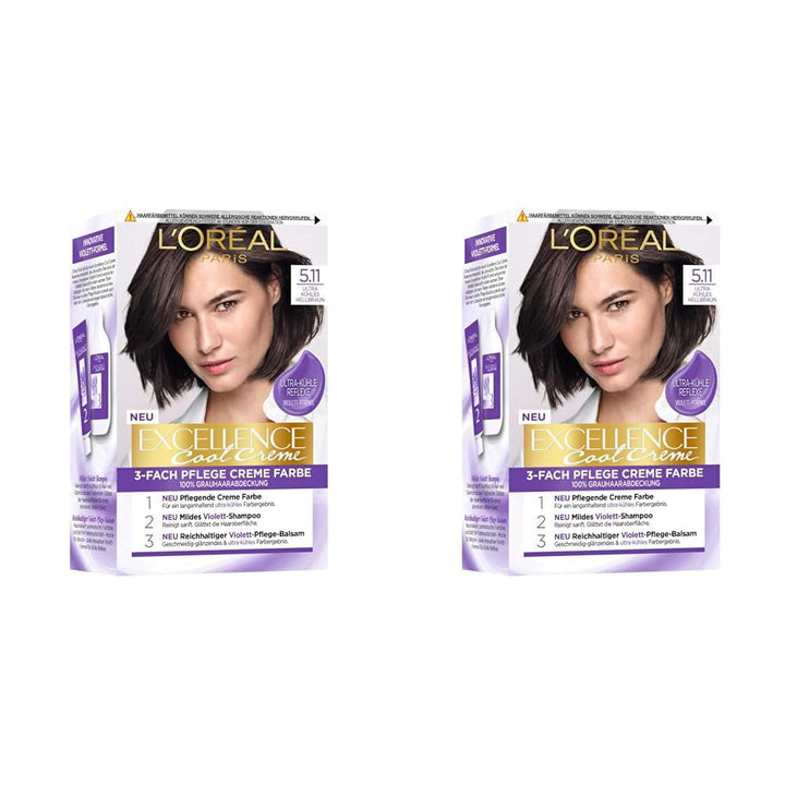 L'Oréal Paris Vopsea de păr permanentă cu rezultat de culoare ultra rece, acoperire 100% a părului gri, set cu colorant, șampon și cremă de îngrijire, Excellence Cool, nr. 5.11 Light Brown (Brown) (pachet de 2) Vopsea pentru par Naty Shop Titlu implicit