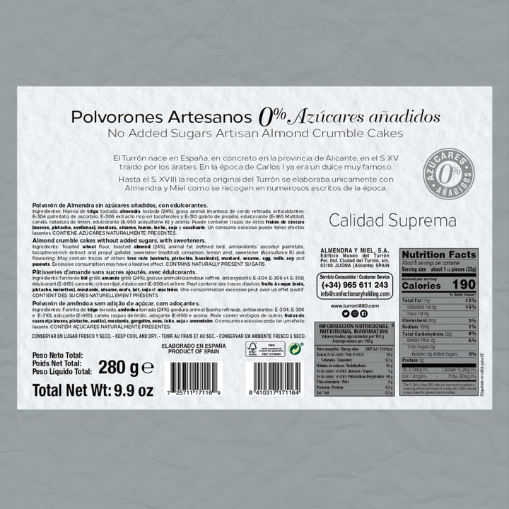 – Polvorones artizanale, 0% zahăr adăugat, Calitate superioară, Aluat tipic de Crăciun, Rețetă artizanală, Ambalat individual, 280 grame