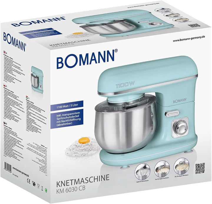 Bomann® Retro Küchenmaschine Zum Backen | Knetmaschine 5L |Starker 1100W Motor | Teigmaschine Inkl. Haken & Schneebesen | Retro Teigknetmaschine Spritzschutz Mit Nachfüllöffnung – KM 6030 CB Mint-Grün Mama si Copilul Naty Shop