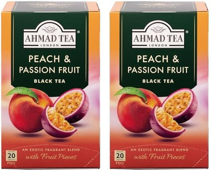 Ahmad Tea - Fruit Tea Selection - Sortiment de ceaiuri de fructe din ceai negru - Măr, piersică și fructul pasiunii, căpșuni, lămâie și lime - Ambalate individual și sigilate pentru păstrarea aromelor - 20 pliculețe de ceai cu bandă