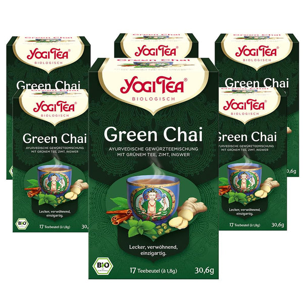 Yogi Tea Green Chai, ceai ayurvedic organic cu mirodenii, amestec de scorțișoară, mentă, ceai verde, ghimbir, cardamom și cuișoare, 6X17 pliculețe (102 pliculețe de ceai în total)