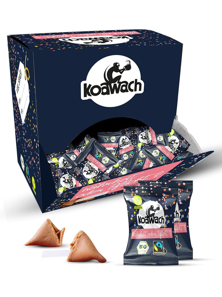 Fursecuri Koawach Fortune Happy Moments Chocolate Vegan – Fursecuri cu ciocolată, ambalate individual – Sustenabile, organice și echitabile – Fursecuri Guarna cu cafeină