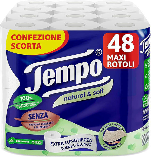 Tempo, hârtie igienică naturală și moale, moale și durabilă, 48 de role maxi, compusă din 100% fibre biodegradabile, fără parfum sau alergeni