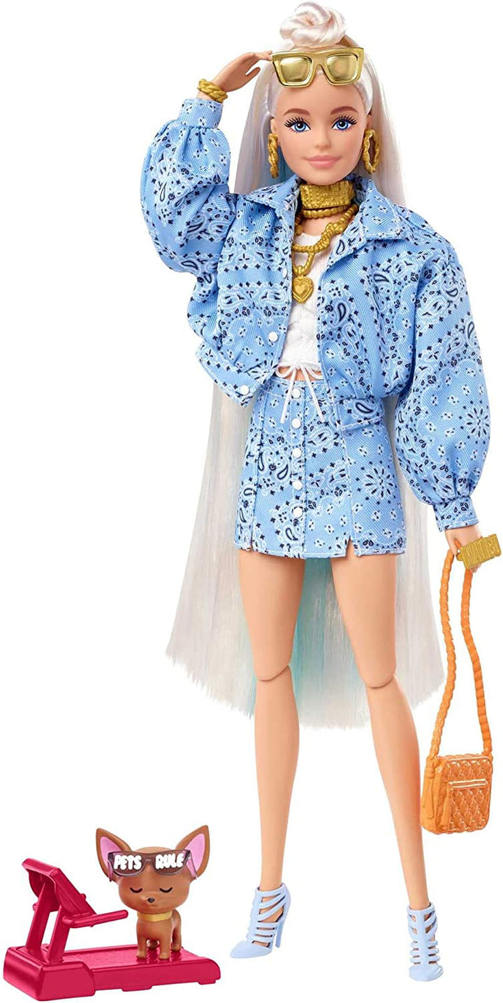 Barbie HDJ46 - Păpușă extra în rochie cu tricou de baschet și accesorii, cu animal de companie Corgi, păr creț extra lung cu șuvițe roz și articulații flexibile, jucărie cadou pentru copii de peste 3 ani Papusi Naty Shop 0