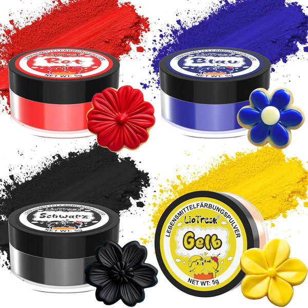 Set coloranți alimentari pudră - 4x5g colorant alimentar concentrat pentru fondant, cremă de unt, colorant alimentar vibrant pentru copt, decorare tort, colorare ouă de Paște, macaroane, Ziua Tuturor Sfinților