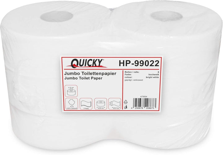 Hârtie igienică Quicky Jumbo 2 straturi, 25 cm Ø, alb strălucitor, relief cu puncte fine, 6 role - absorbantă și rezistentă la rupere pentru igienă maximă, ideală pentru instituțiile publice și industrie