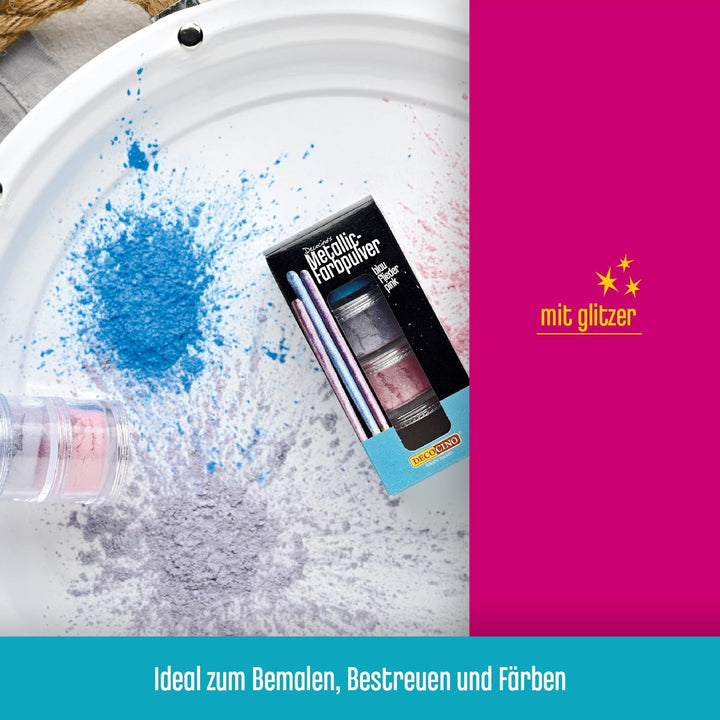 DECOCINO Pudră Pastel Metalic Colorantă (3X2G) – Albastru, Liliac și Roz – Pudră de Colorant Alimentar – Pudră cu Sclipici Potrivită pentru Fondant ca Decor pentru Torturi și Torturi!