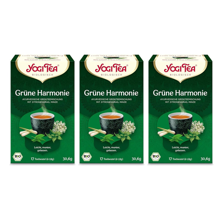 Yogi Tea - Armonie verde, ceai ayurvedic organic cu mirodenii și plante, amestec de ceai verde, lemongrass, mentă, Yogi Tea pachet de 3, 3X17 pliculețe (51 pliculețe de ceai în total), ideal ca cadou
