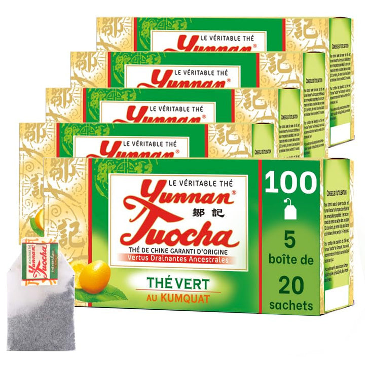 Yunnan Tuocha Zouji - Ceai verde organic cu kumquat - Vitamina C - 100 pliculețe de ceai - 200 g - Calitate Yunnan garantată