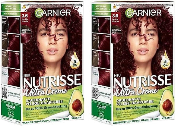 Garnier Nutrisse Permanent Care Hair Colour cu uleiuri hrănitoare din fructe, fixare 8 săptămâni, Ultra Crème Tint, 036 Black Cherry (pachet de 2) Vopsea pentru par Naty Shop Titlu implicit