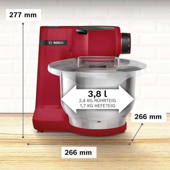 Bosch Küchenmaschine Serie 2 MUMS2ER01, Edelstahl-Schüssel 3,8 L, Planetenrührwerk, Knethaken, Schlag-, Rührbesen Edelstahl, Durchlaufschnitzler, 3 Scheiben, 700W, Rot Mama si Copilul Naty Shop