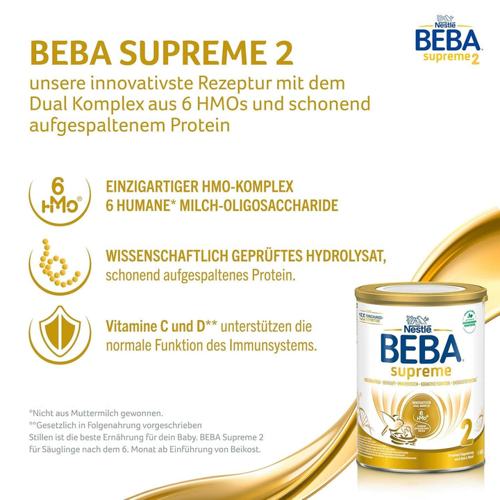 BEBA SUPREME 2 Lapte de continuare după 6 luni, doar lactoză, fără ulei de palmier, pachet de 6 (6 x 800 g) Naty Shop