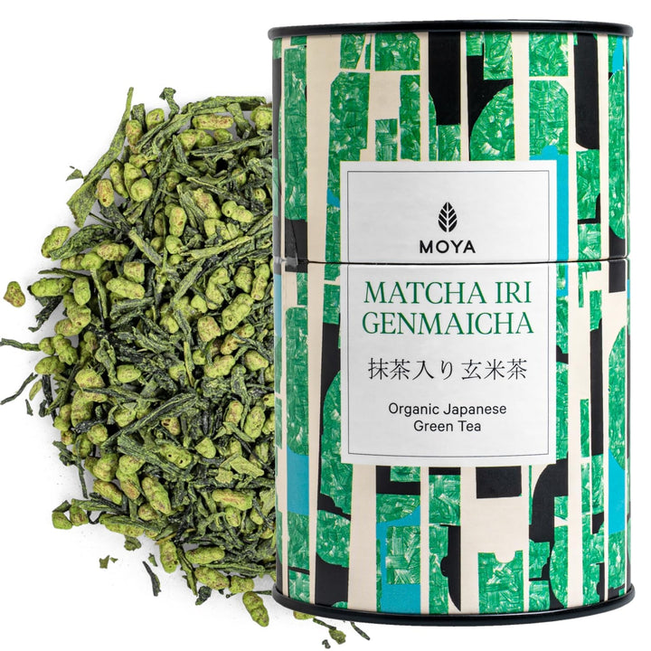 Moya Matcha ceai verde japonez Iri Genmaicha cu frunze întregi | 100 g Sencha cu orez și Matcha | Matcha Genmaicha | Ceai din Japonia | Potrivit pentru vegani | Ambalat într-o pungă resigilabilă
