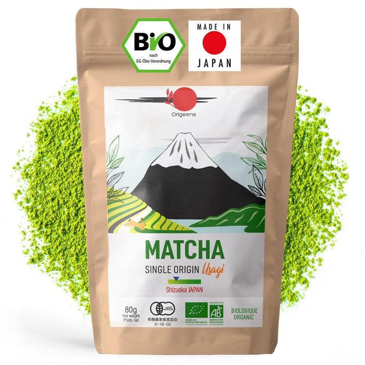 ORIGEENS Ceai japonez organic Matcha Usagi (Latte Intensiv) - Single Origin Shizuoka - Pudră Matcha organică - Pungă de 80 g