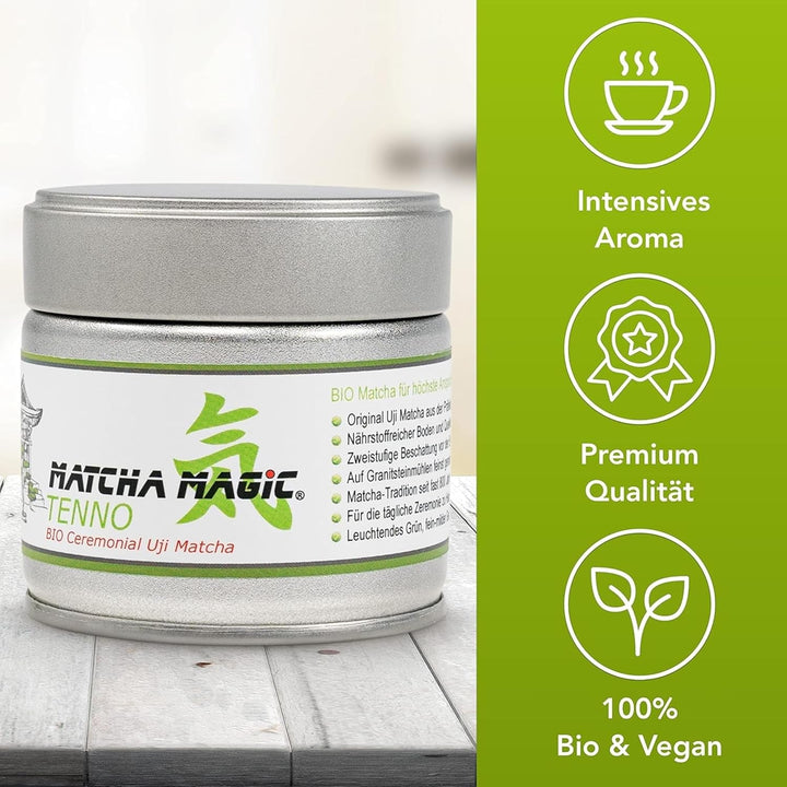 Matchamagic Tenno Ceai Matcha organic pudră 30 g - Ceai verde japonez original de calitate ceremonială - Matcha de înaltă calitate din Japonia pentru o savurare pură - Ideal pentru prepararea ceaiului și a smoothie-urilor