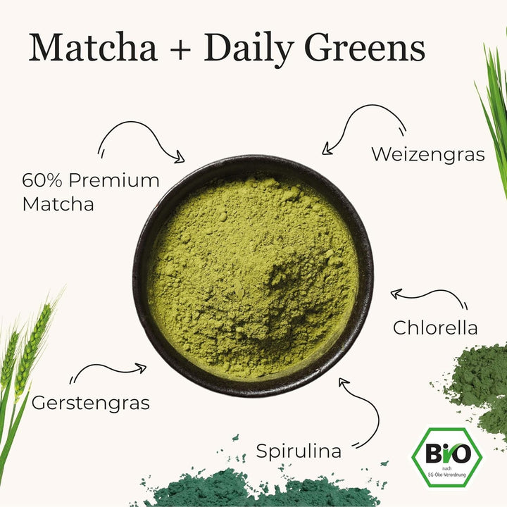 Bio Daily Green Matcha+, amestec de matcha cu spirulină, chlorella, iarbă de grâu, iarbă de orz și 60% matcha premium organic din Japonia, 80 g