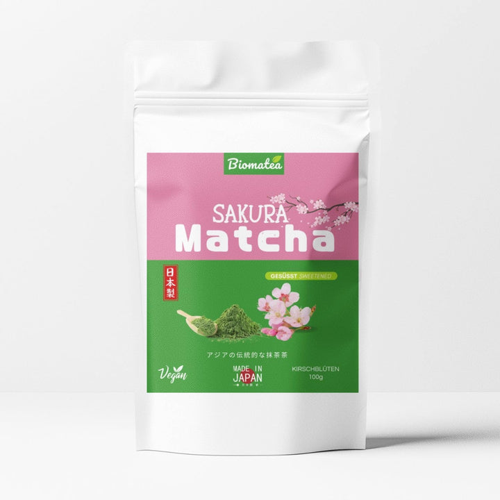 Pudră Matcha aromatizată – piersică japoneză, sakura sau mango – îndulcită – 100 g – solubilă instantaneu în apă sau lapte (Sakura)