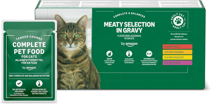 By Amazon Hrană pentru pisici, umedă, pentru pisici adulte, Meat Choice in Sauce, 4.8Kg (48 pachete cu 100G)