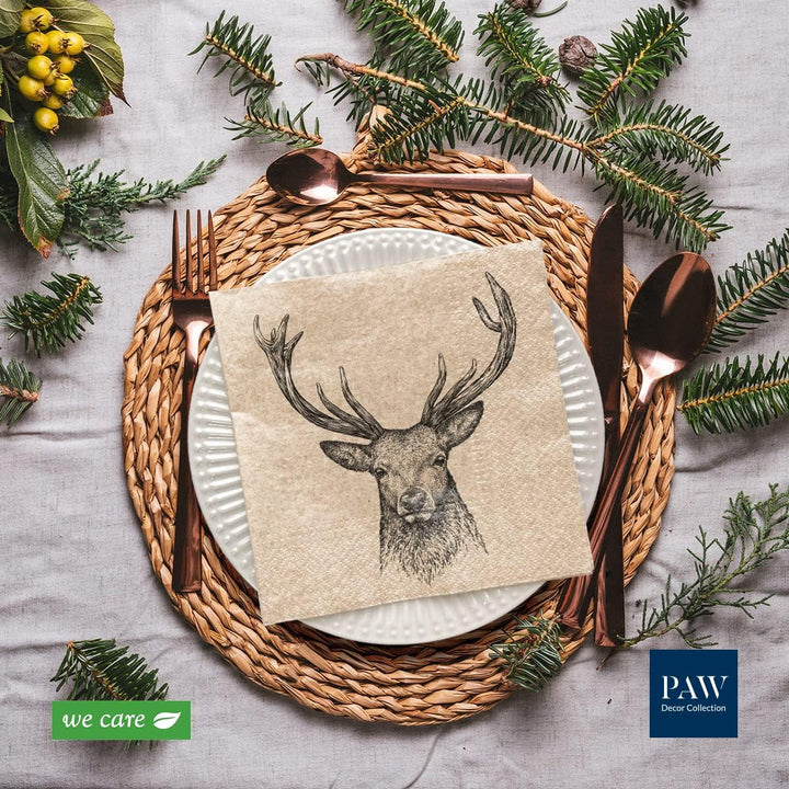 Paw Decor Collection X Paw Decor Collection CM Pappers torkservetter med 3 lager. 20 stycken. Tryckt med vattenbaserade färger. Borddekorationer. Nature, HIRSC, PAW_022022, rådjur, 33 x 33 cm (paket med 3)