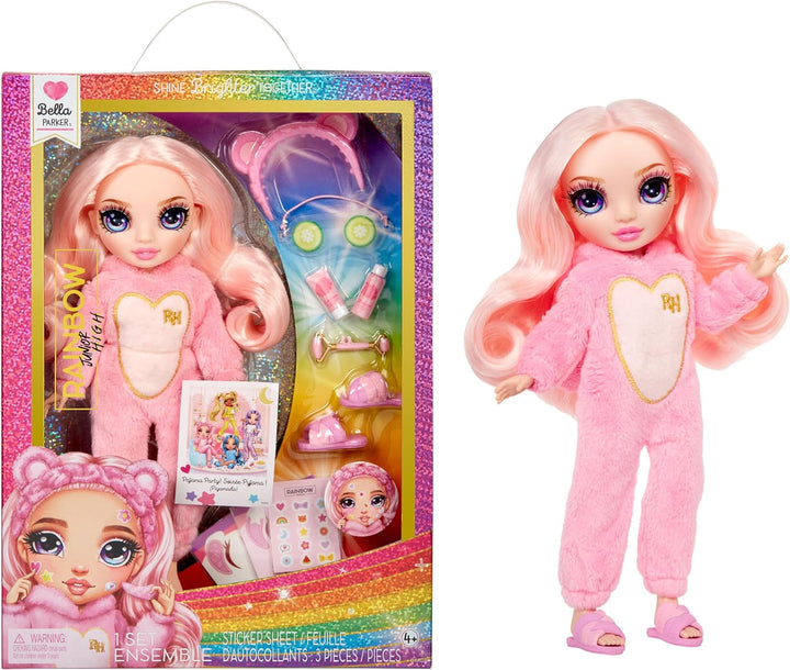 Rainbow High Junior High PJ Party - Sunny (galben) - păpușă de 22 cm cu salopetă moale, papuci și accesorii de joacă - jucărie pentru copii - ideală pentru 4-12 ani Papusi Naty Shop Bella (Rose)