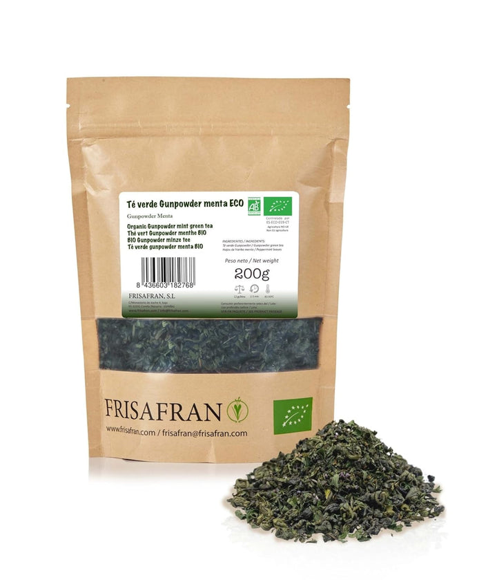 FRISAFRAN | Ceai verde Gunpowder cu mentă bio, vrac, 100 g | Antioxidant | Ceai verde japonez | Digestiv | Sănătos | Băutură răcoritoare | Infuzie de mentă | Ceai pur | Frunze de mentă | Cald-rece | Mentă