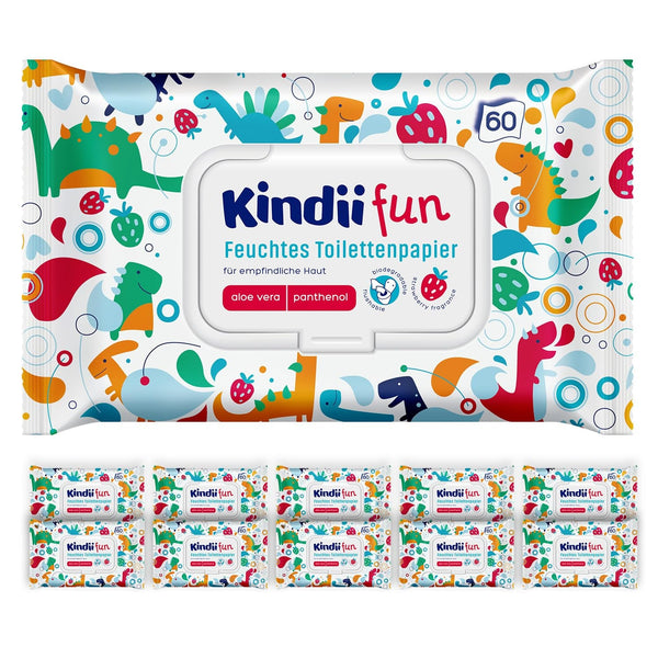 Hârtie igienică umedă Kindii Fun - (10X60 bucăți) Hârtie igienică umedă - Mușețel, Aloe Vera, Ph-Neutru, Vărsabilă, Reîmprospătează zona intimă - 600 bucăți