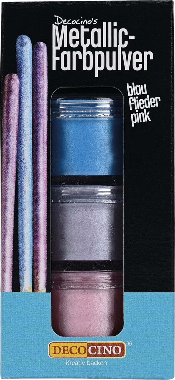 DECOCINO Pudră Pastel Metalic Colorantă (3X2G) – Albastru, Liliac și Roz – Pudră de Colorant Alimentar – Pudră cu Sclipici Potrivită pentru Fondant ca Decor pentru Torturi și Torturi!