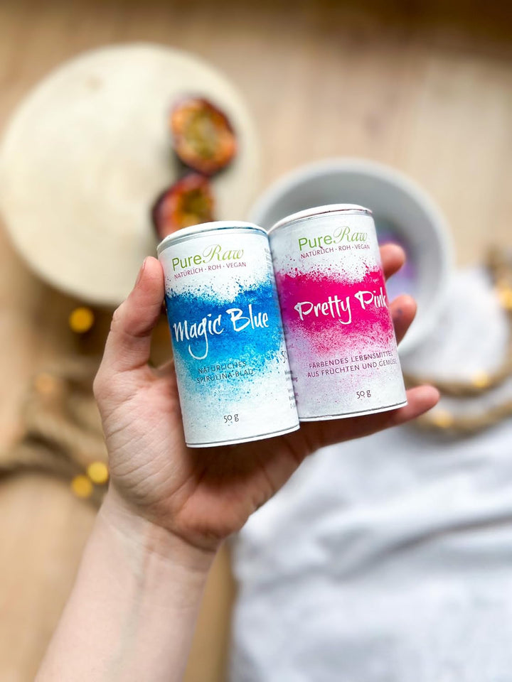Colorant alimentar natural albastru pudră Magic Blue Spirulina (vegan crud) Albastru închis până la albastru deschis pastel - Colorant alimentar pudră cu alge ficocianină - Colorant alimentar natural | Pureraw 5G